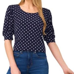 Cece Polka Dot Elbow Sleeve Ruffle Cuffs Round Neckline Blouse Top